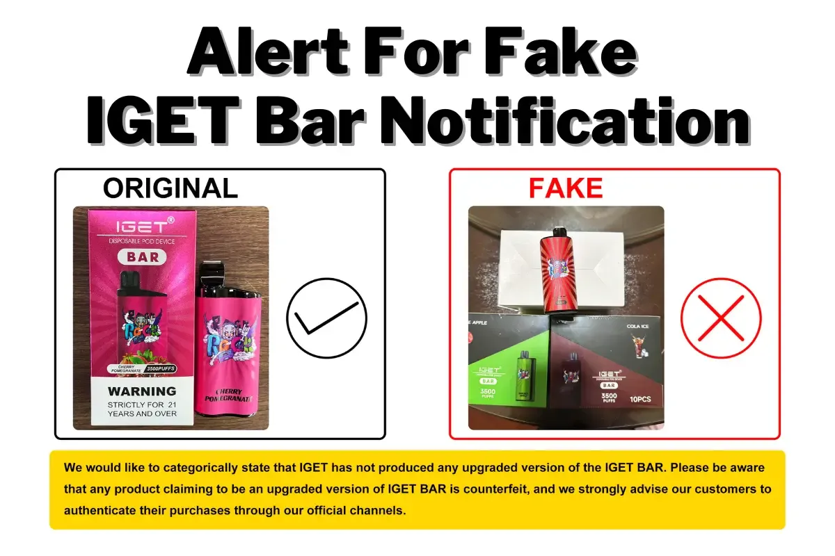 A comparison image showing a real IGET Bar next to a fake one, highlighting differences in packaging quality and QR code authenticity.