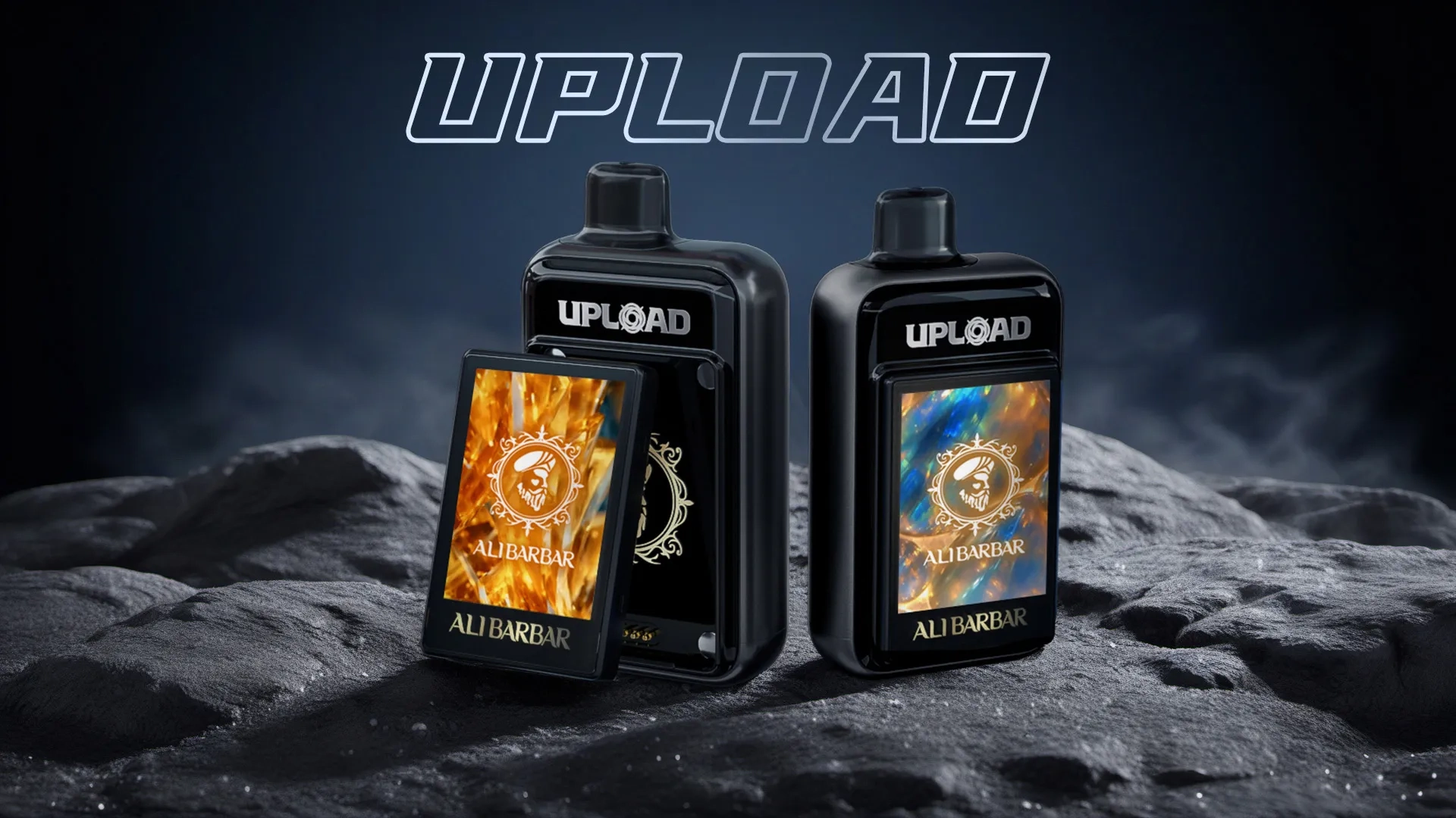 A user holding the Alibarbar Upload Vape with their personalized photo illuminated on the screen