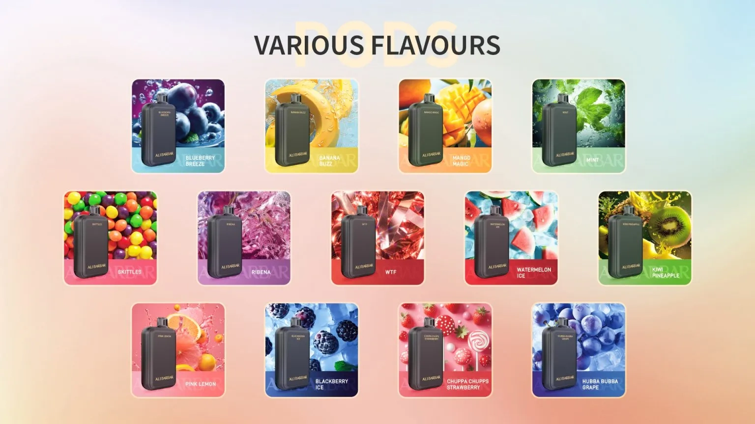 A colorful variety of Alibarbar Upload Vape flavors displayed