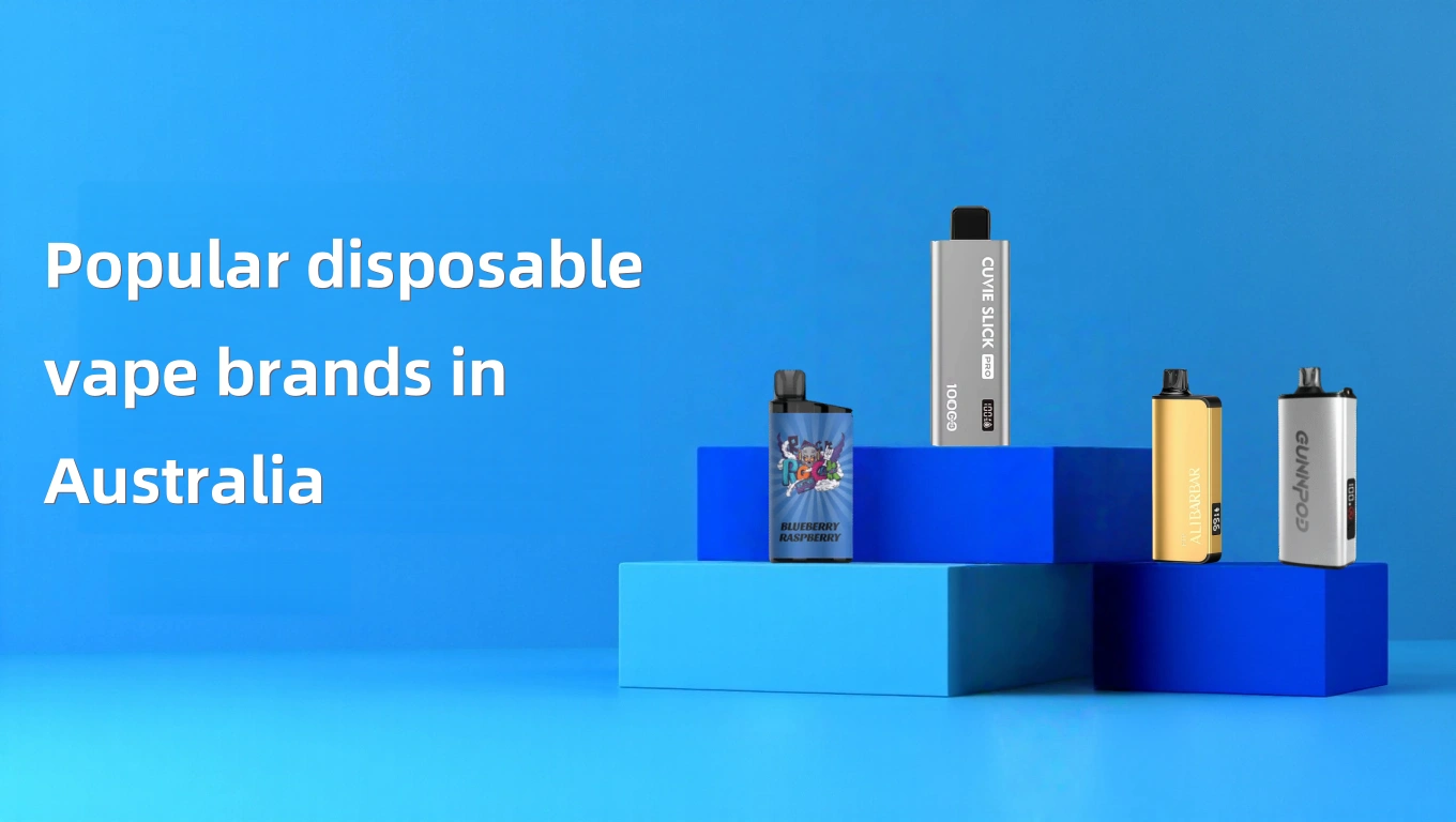 Logos of popular disposable vape brands available in Australia, including IGET, HQD, KUZ, and Alibarbar.