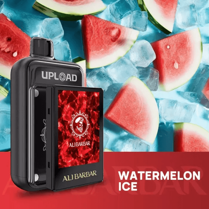 alibarbar vape Watermelon Ice Upload 25000 device floating against Aussie beach backdrop